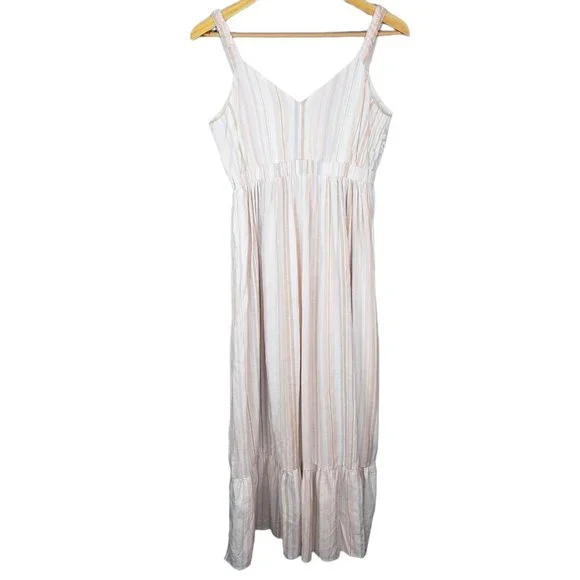 Loft Beach Cotton Linen Blend Striped Midi Dress Neutral Elasticized Waist XXS - Picture 4 of 8
